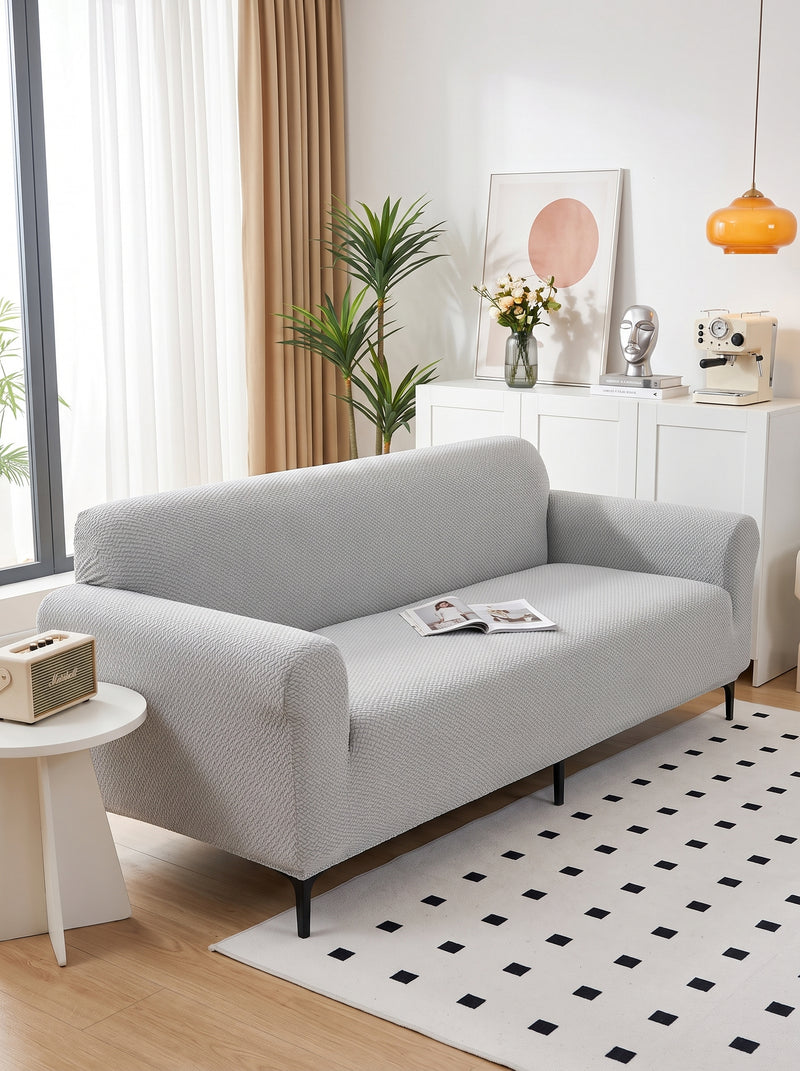 Emboss Grey Non-Slip Sticky Sofa Cover Set – 3+1+1 Seater Elastic Stretchable Polyester Slipcover