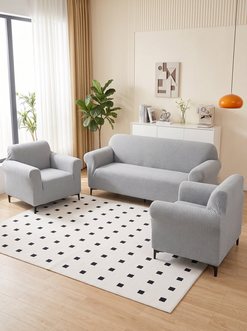 Emboss Grey Non-Slip Sticky Sofa Cover Set – 3+1+1 Seater Elastic Stretchable Polyester Slipcover