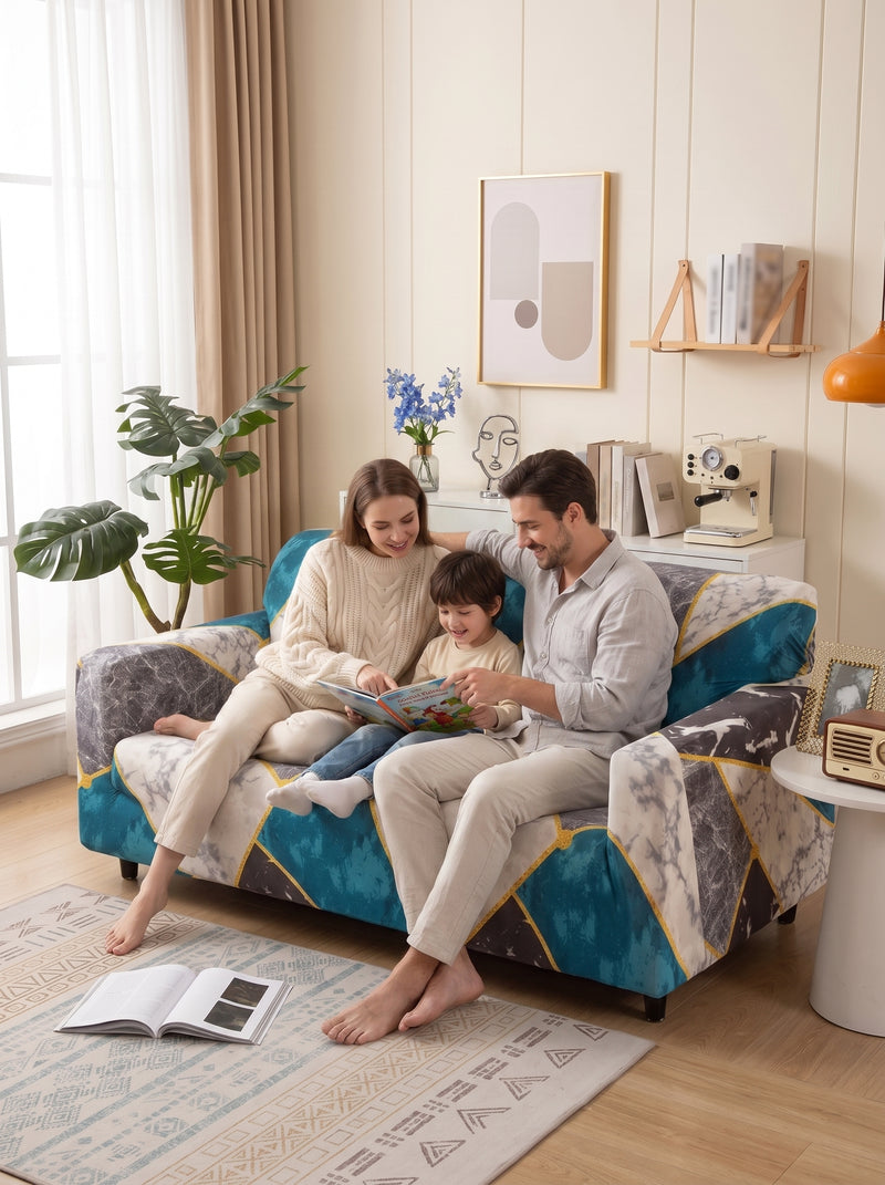 Marble Print Stretchable Sofa Cover – 3 Seater Elastic Slipcover, Anti-Slip Polyester Protector