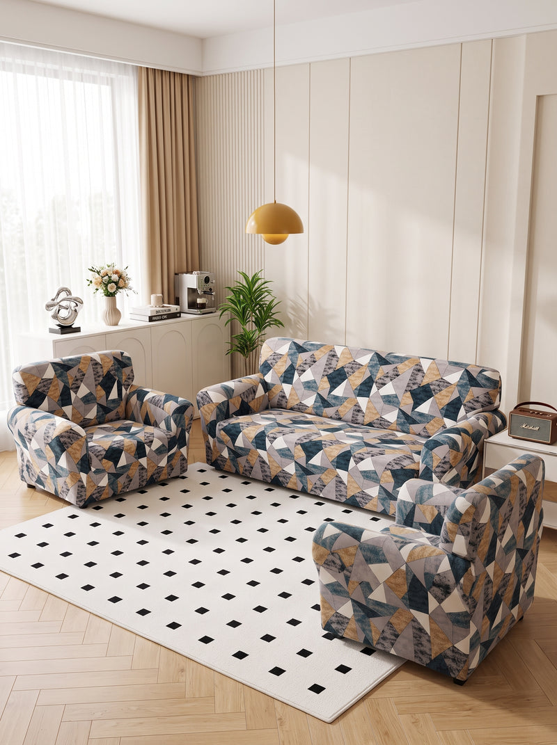 Multi Prism Stretchable Sofa Cover Set – 3+1+1 Seater Elastic Slipcover, Anti-Slip Polyester Protector