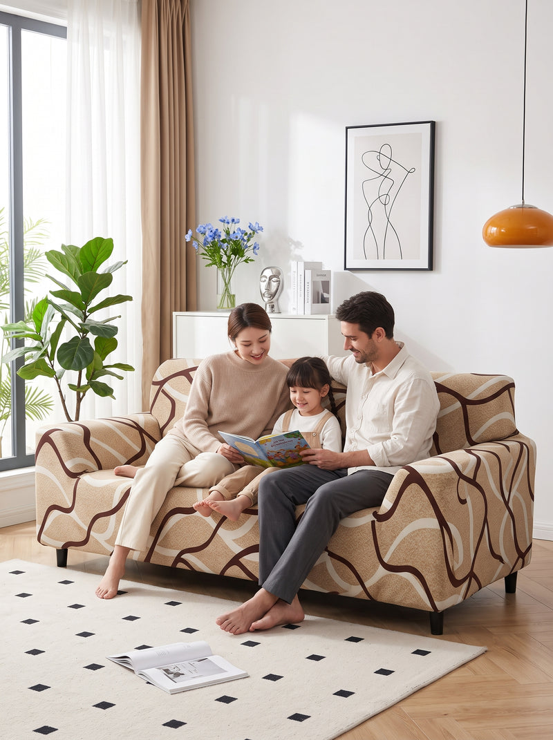 Wave Stretch Sofa Cover Set – 3+1+1 Seater Elastic Slipcover, Anti-Slip Polyester Protector