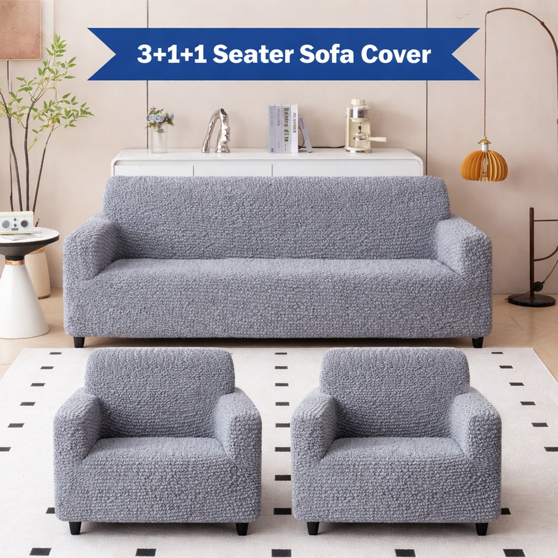 Premium 3+1+1 Seater Sofa Cover Set - Microfiber Stretchable Italian Textured Slipcovers (Grey)