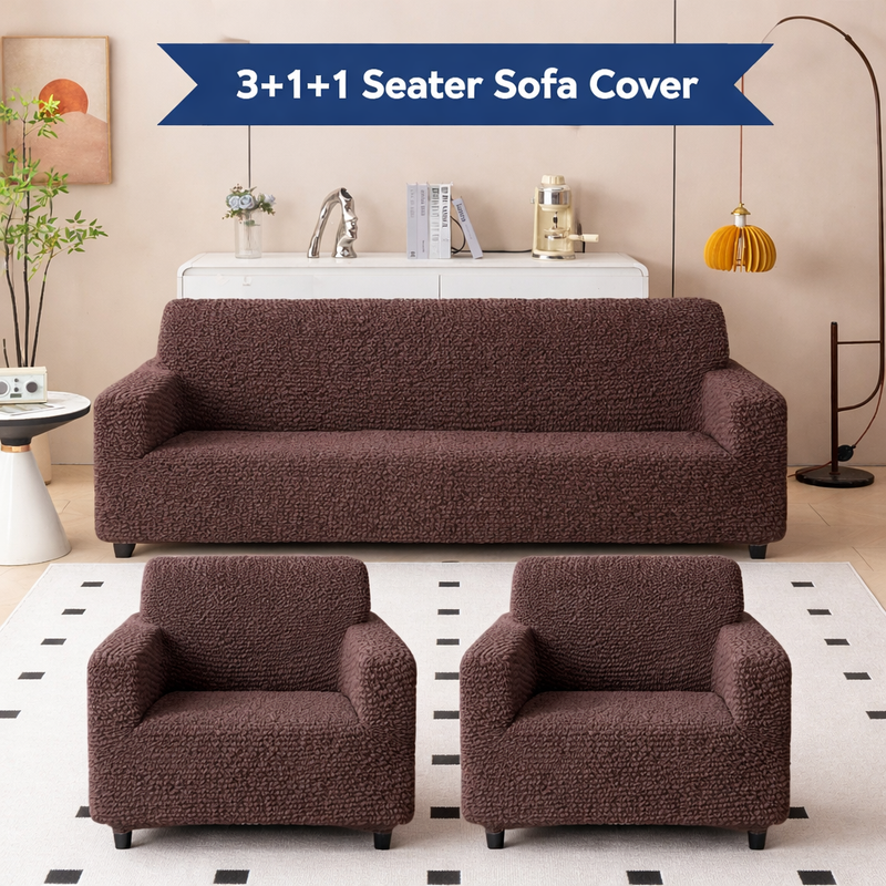 Premium 3+1+1 Seater Sofa Cover Set - Microfiber Stretchable Italian Textured Slipcovers (Brown)