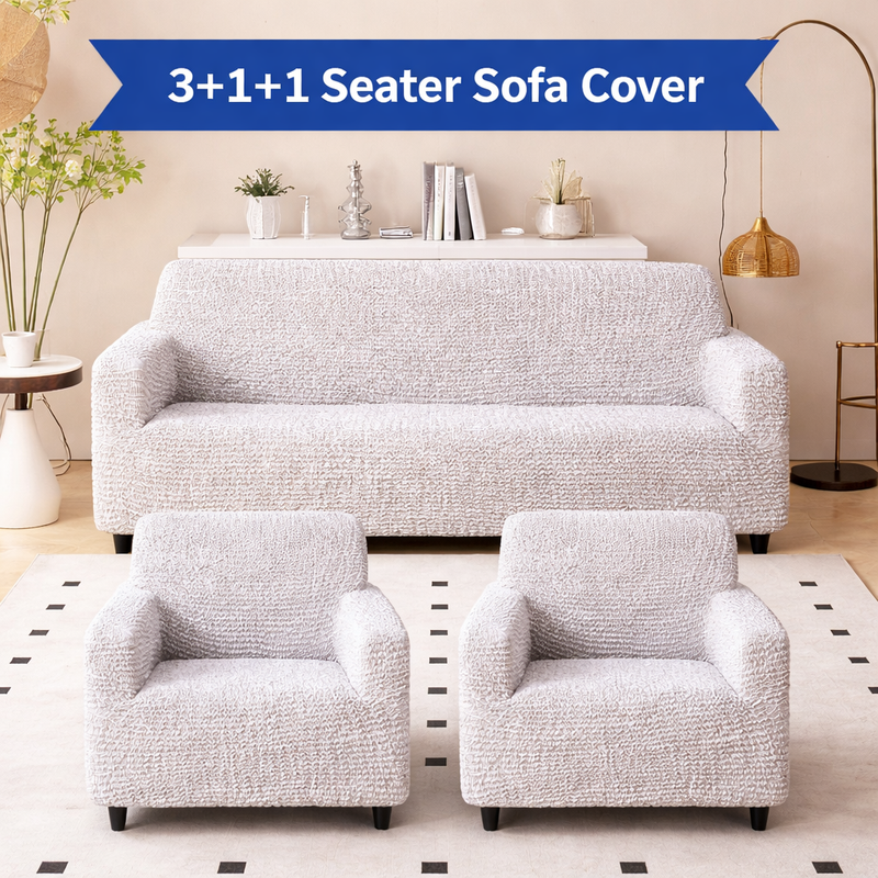 Premium 3+1+1 Seater Sofa Cover Set - Microfiber Stretchable Italian Textured Slipcovers (Cream)