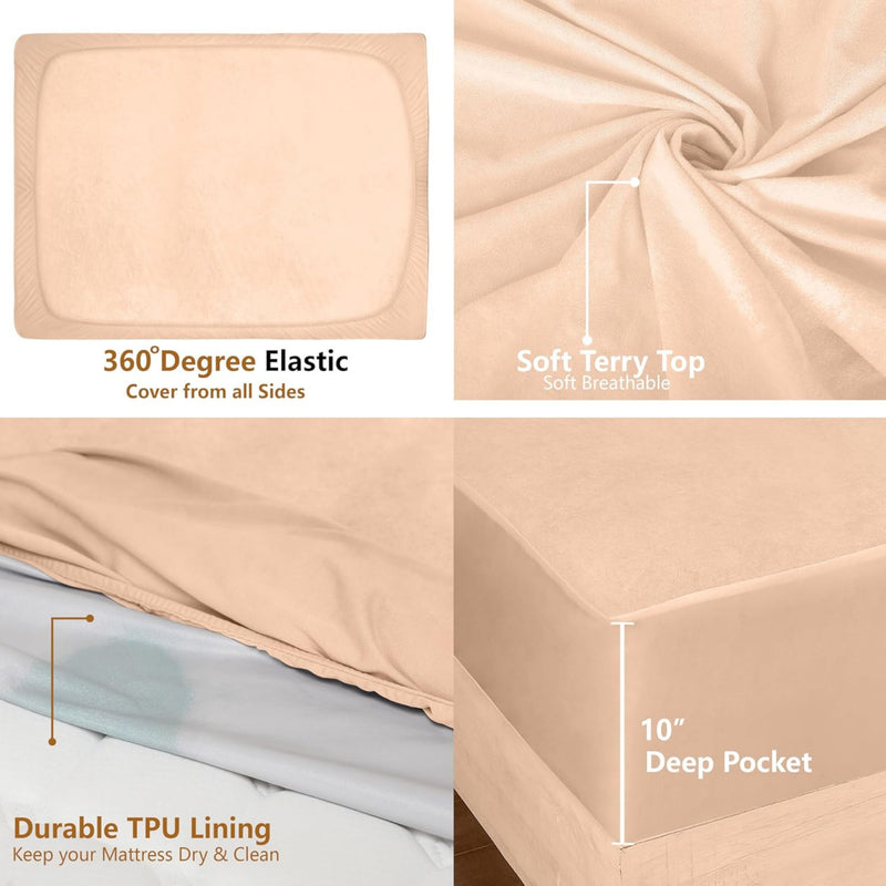 MAGICAL 100% Waterproof Fitted Mattress Protector - Soft Terry Top with 10" Deep Elastic Pocket (Beige)
