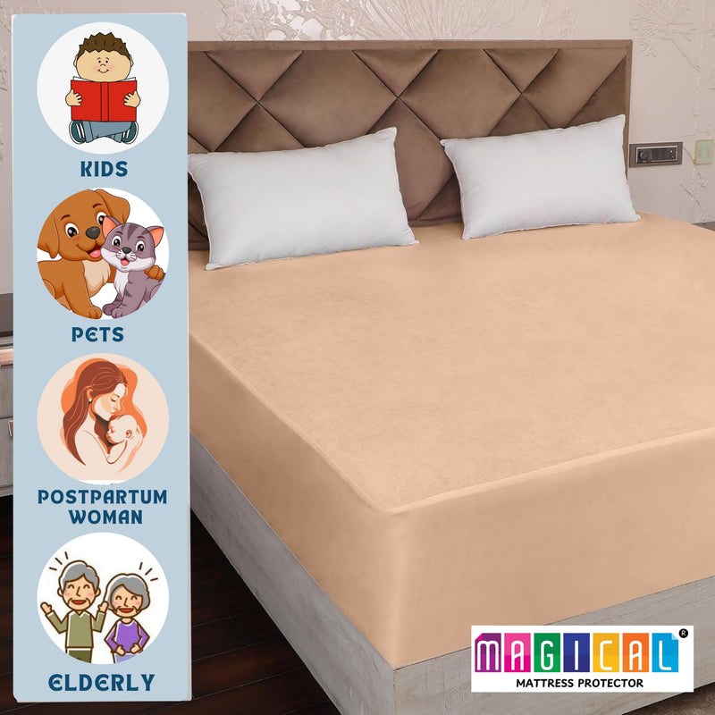 MAGICAL 100% Waterproof Fitted Mattress Protector - Soft Terry Top with 10" Deep Elastic Pocket (Beige)