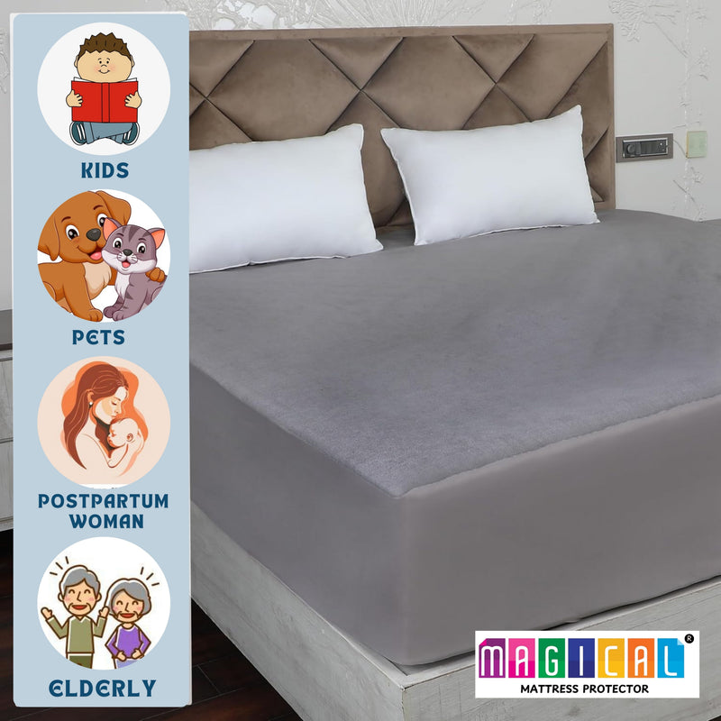 MAGICAL 100% Waterproof Fitted Mattress Protector - Soft Terry Top with 10" Deep Elastic Pocket (Grey)