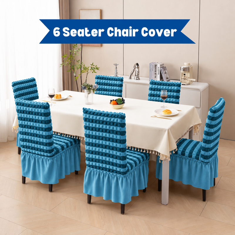 Six DarkBlue-LightBlue striped chair covers around a dining table
