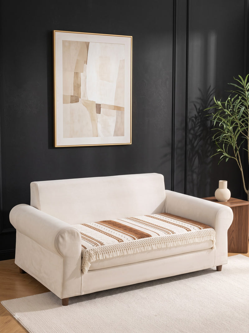 Premium Bohemian Striped 2-Seater Sofa Seat Cover Mat with Fringe (70 x 140 cm)
