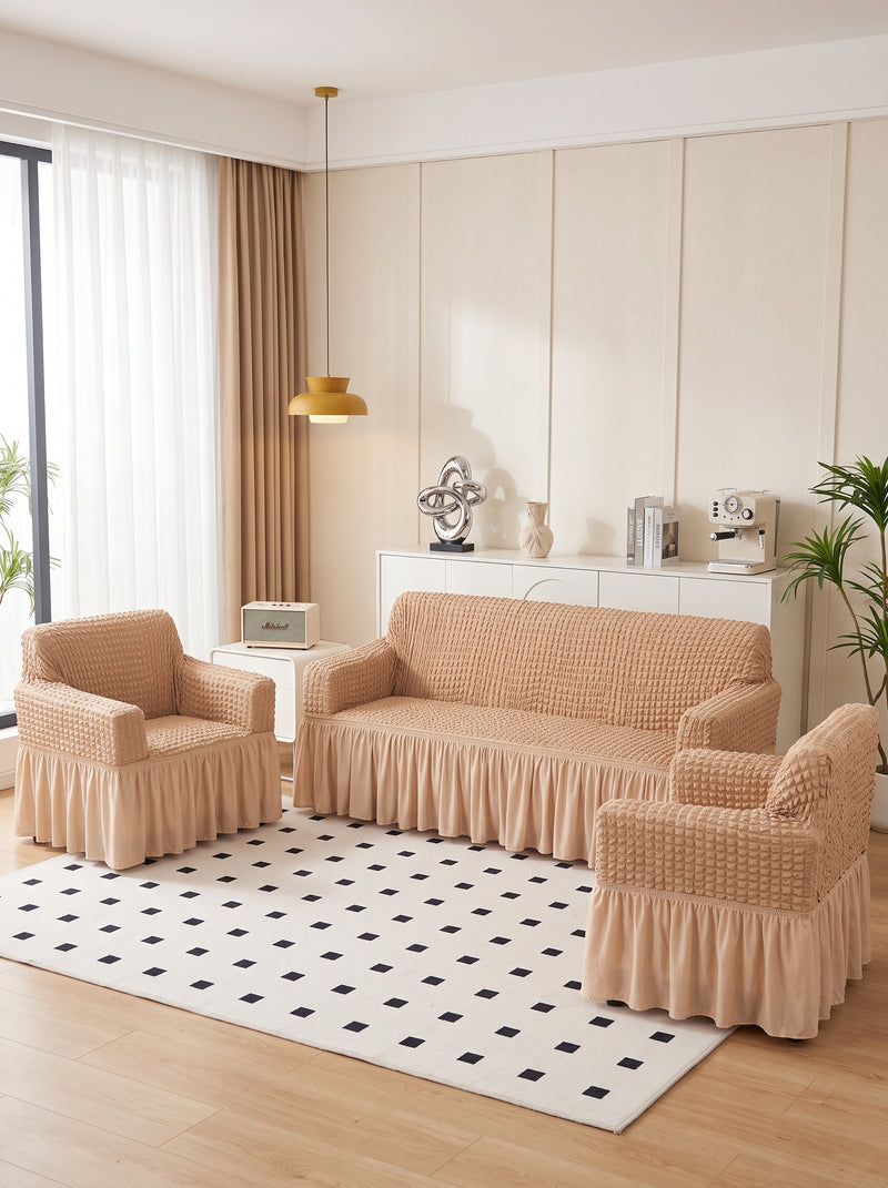 Bubble Sand Beige Elastic Sofa Cover Set – 3+1+1 Seater Frill Slipcover Protector, Poly Cotton