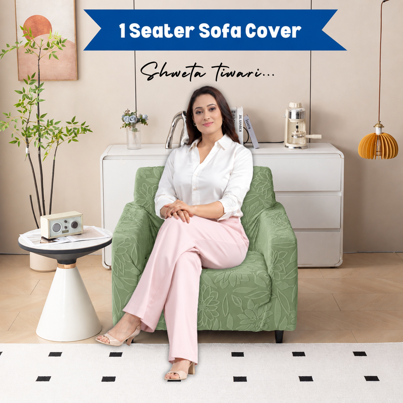 Premium 1 Seater Sofa Cover - Knitted Jacquard, Floral Textured Elastic Slipcover (Green)