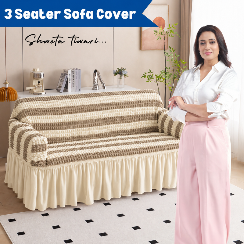 Premium Bubble Frill 3-Seater Sofa Cover - Beige