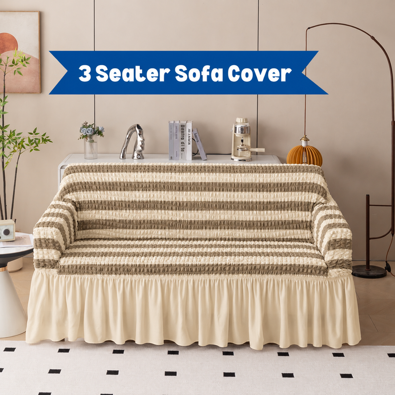 Premium Bubble Frill 3-Seater Sofa Cover - Beige