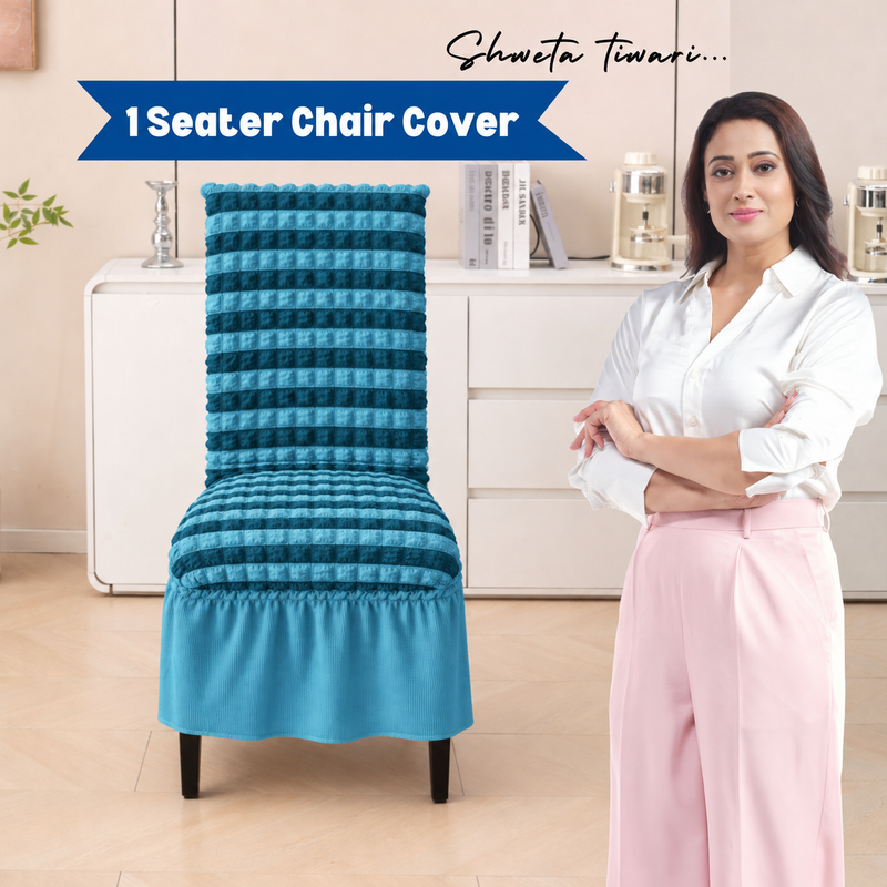 DarkBlue-LightBlue striped chair cover with bubble texture and frill