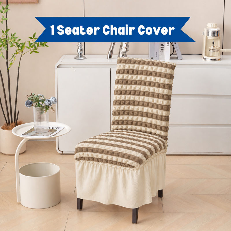 Warm taupe and ivory striped single-seater chair cover with ivory frill