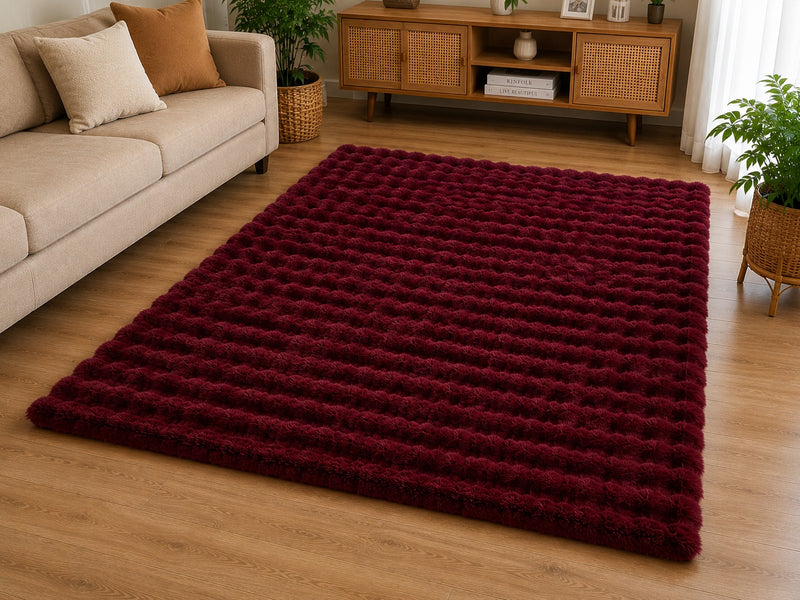 MAGICAL Premium Faux Rabbit Fur Bubble Area Carpet (Maroon)