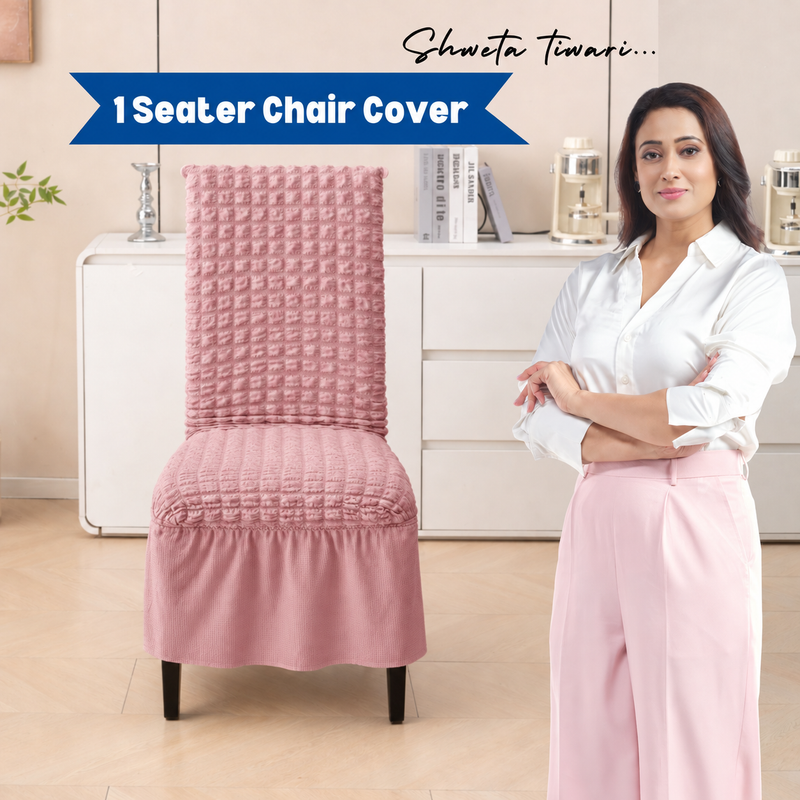 Pink single chair cover lifestyle photo with model