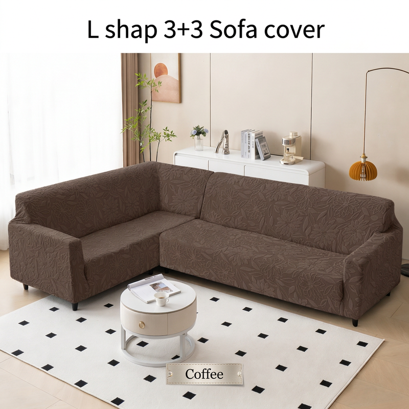 Premium L Shape 3+3 Sofa Cover Set - Knitted Jacquard Floral Texture (Coffee)