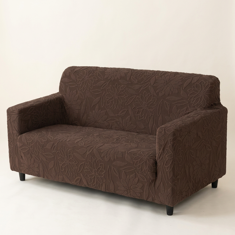 Premium 2 Seater Sofa Cover - Knitted Jacquard, Floral Textured Elastic Slipcover (Coffee)
