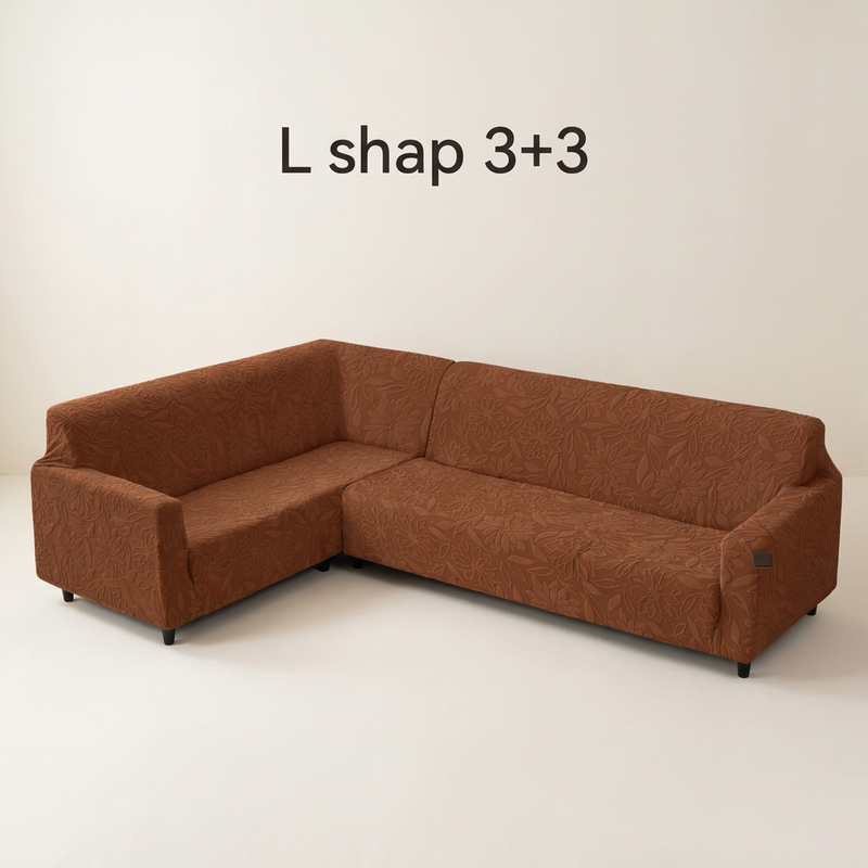Premium L Shape 3+3 Sofa Cover Set - 280 GSM Knitted Jacquard Floral Texture (Dark Brown)