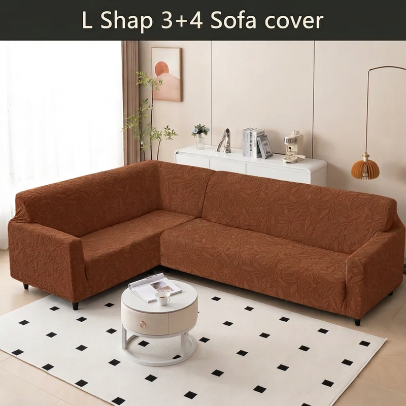 Premium L Shape 3+4 Sofa Cover Set - 280 GSM Knitted Jacquard Floral Texture (Dark Brown)