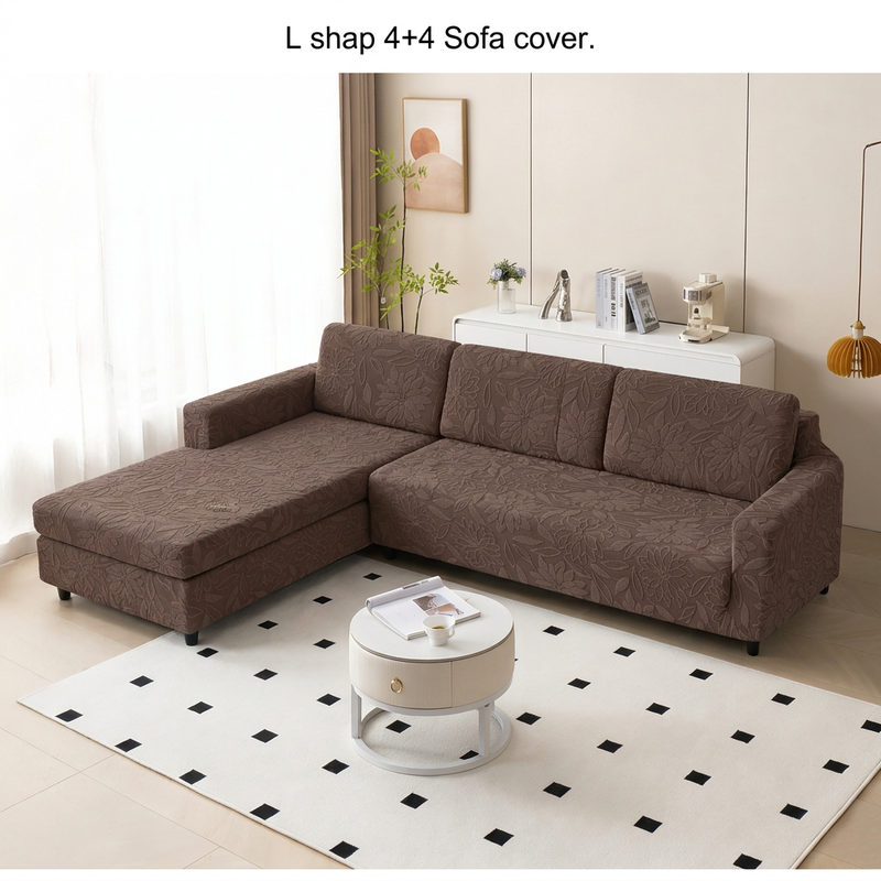 Premium L Shape 4+4 Sofa Cover Set - 280 GSM Knitted Jacquard Floral Texture (Coffee)