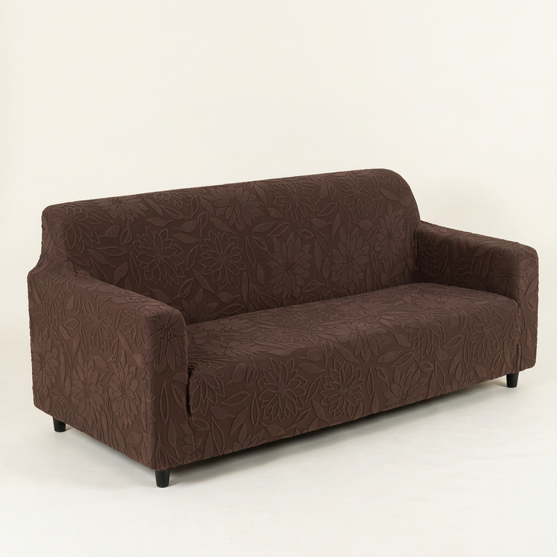 Premium 3 Seater Sofa Cover - Knitted Jacquard, Floral Textured Elastic Slipcover (Coffee)