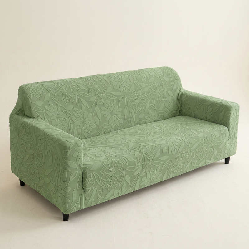 Premium 3 Seater Sofa Cover - Knitted Jacquard, Floral Textured Elastic Slipcover (Green)