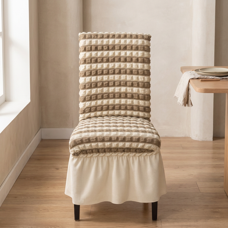 Taupe and ivory chair cover dining room view