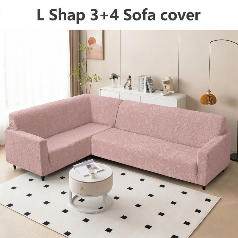 Pink L shape sofa cover styling with L Shap 3+4 Sofa cover text