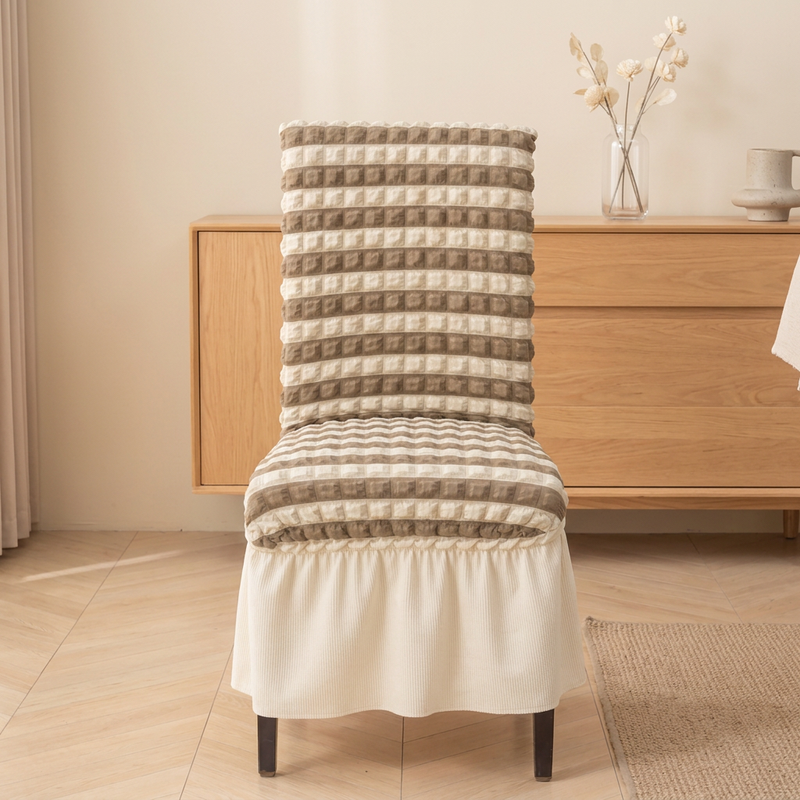 Taupe and ivory chair cover front view