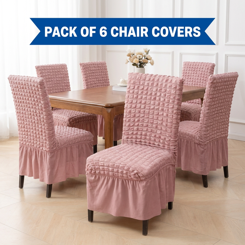Pink bubble-textured chair covers with frill, Pack of 6