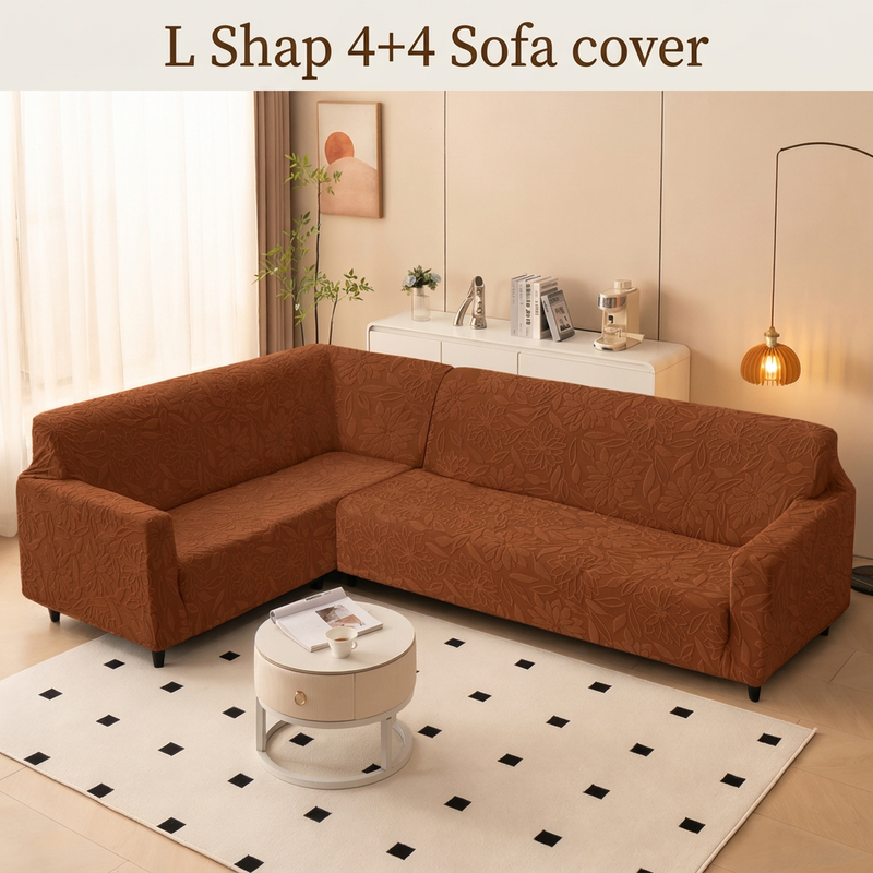 Rust brown sofa cover warm light view with text