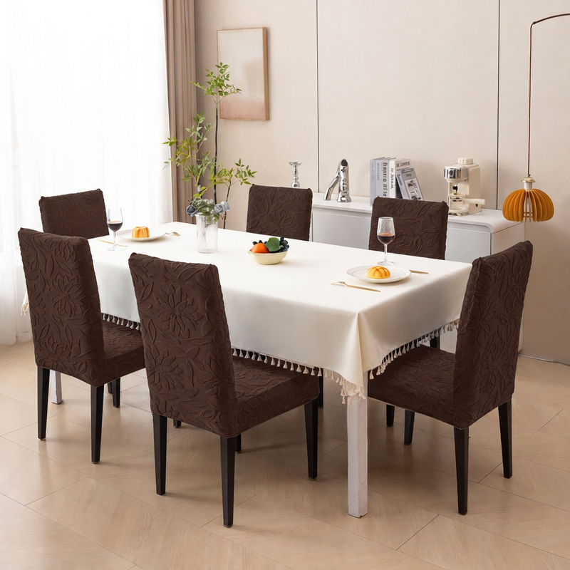 Premium 6 Seater Chair Cover Set - Coffee, 220 GSM Knitted Floral Jacquard