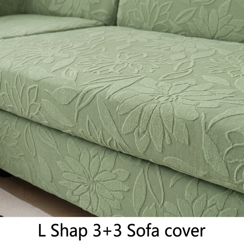 Green 3+3 sofa cover seat floral fabric detail