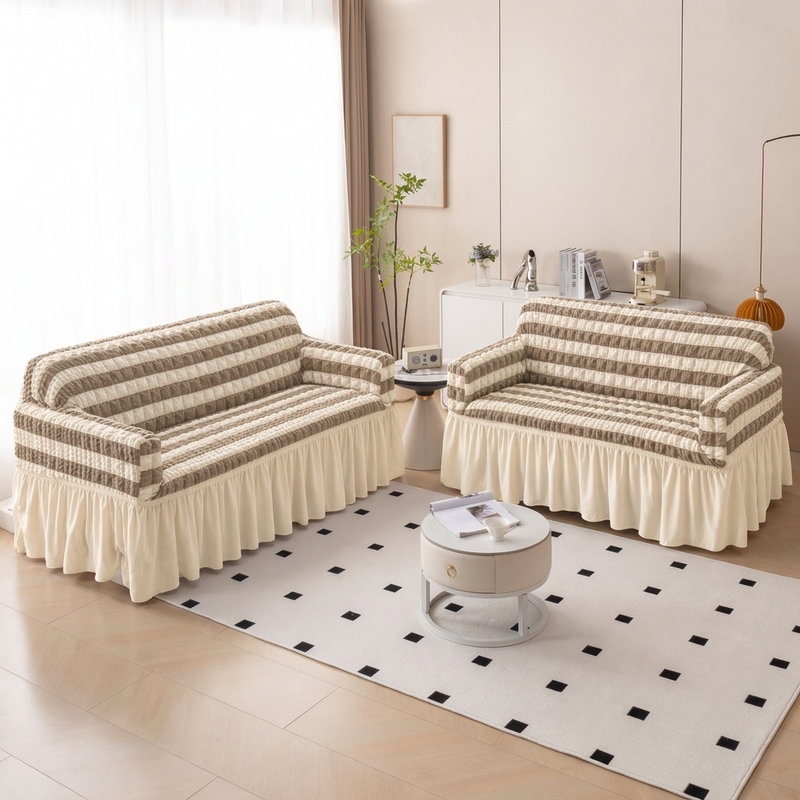 Premium Bubble Frill 3+2 Seater Sofa Cover Set - Brown Beige