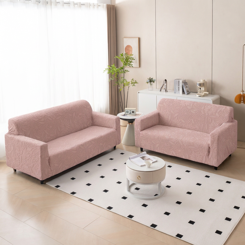 Premium 3+2 Seater Sofa Cover Set - Knitted Jacquard, Floral Textured Elastic Slipcovers (Pink)