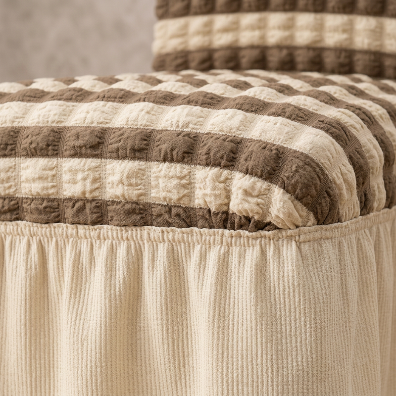 Close-up of Beige-Brown bubble textured chair cover and ivory frill