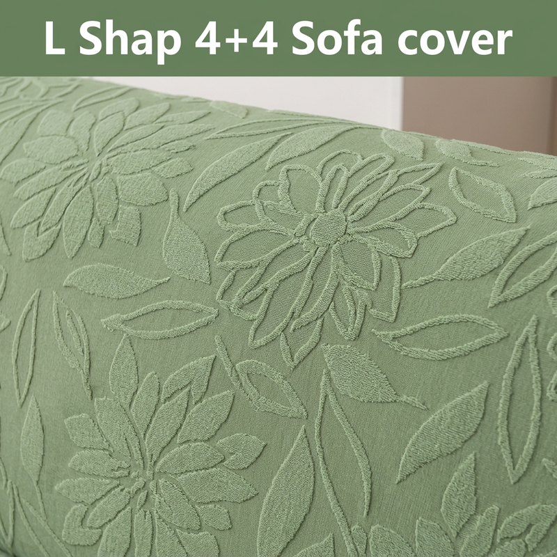 Green 4+4 sofa cover floral texture closeup
