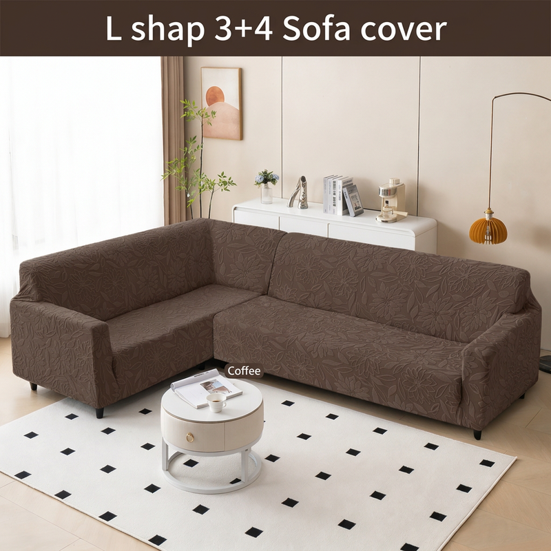 Coffee knitted sofa cover styling illustration with L shape 3+4 text