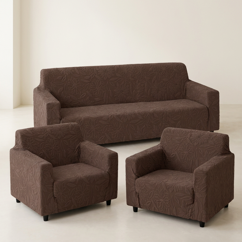 Premium 3+1+1 Seater Sofa Cover Set - Knitted Jacquard, Floral Textured Elastic Slipcovers (Coffee)
