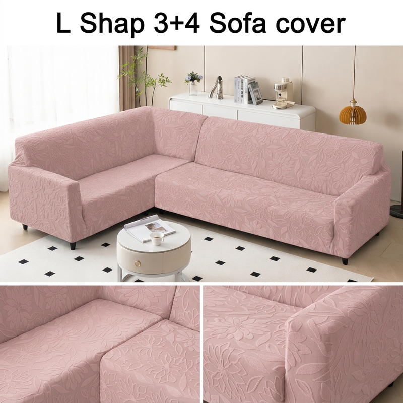 L Shape 3+4 Sofa Cover Set - 280 GSM Knitted Jacquard Floral (Pink)