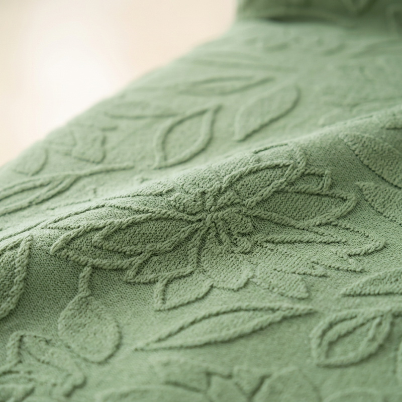 Green floral jacquard fabric closeup