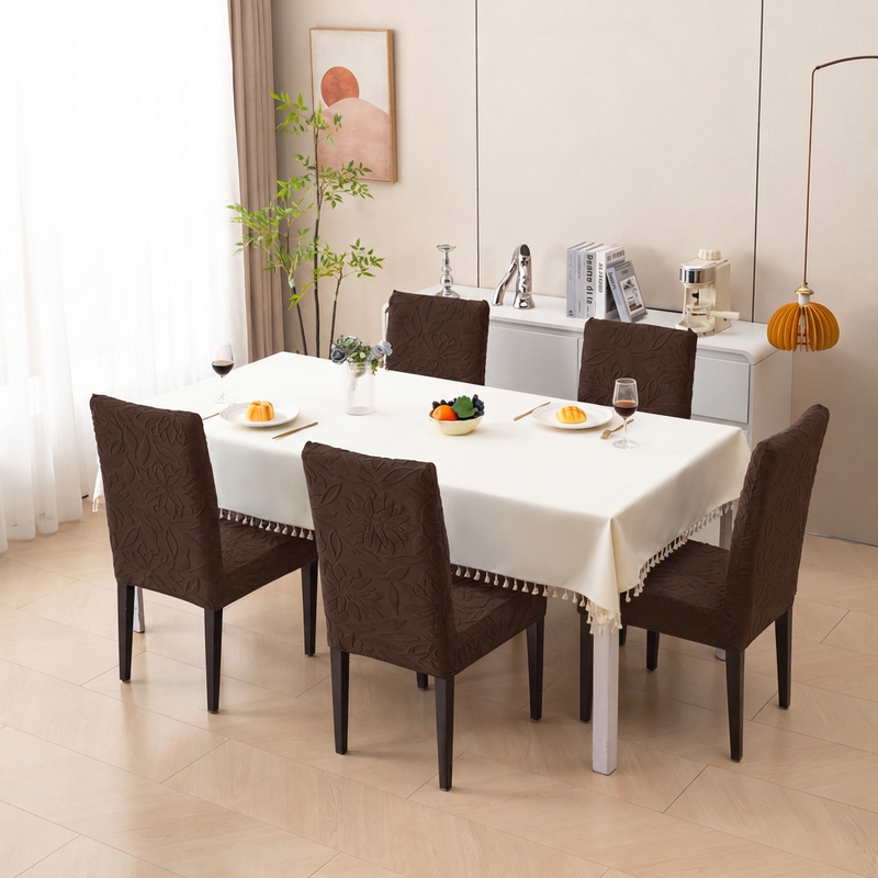Premium 4 Seater Chair Cover Set - Coffee, 220 GSM Knitted Floral Jacquard