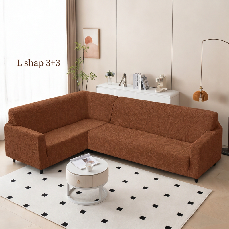 Dark Brown knitted floral sofa cover with L shap 3+3 text
