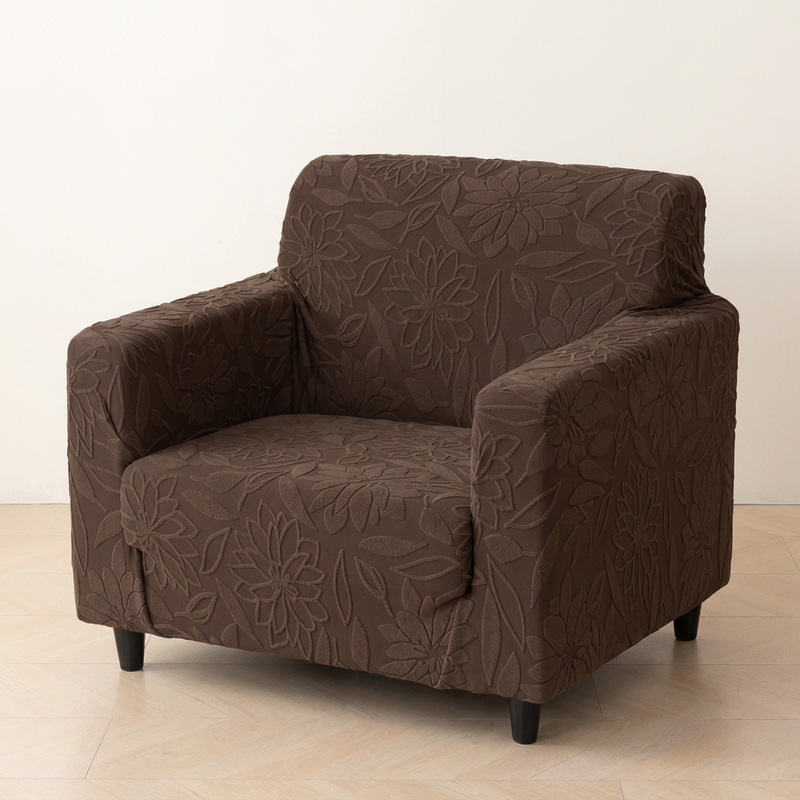 Premium 1 Seater Sofa Cover - Knitted Jacquard, Floral Textured Elastic Slipcover (Coffee)