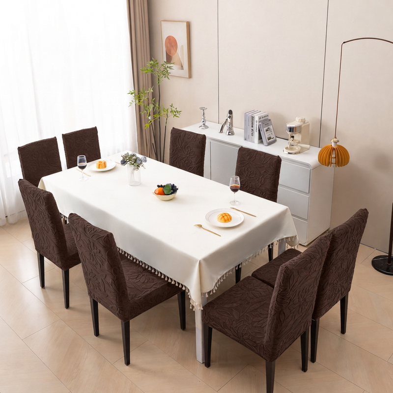 Premium 8 Seater Chair Cover Set - Coffee, 220 GSM Knitted Floral Jacquard