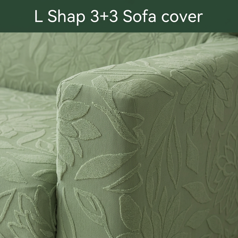 L Shape 3+3 Sofa Cover Set - 280 GSM Knitted Jacquard Floral (Green)