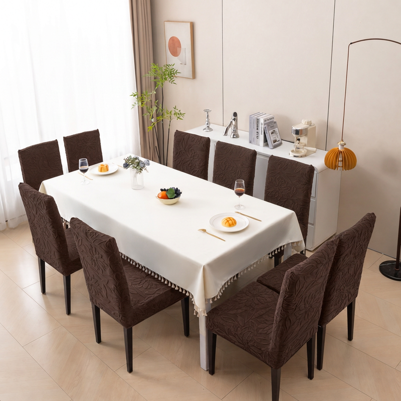 Premium 8 Seater Chair Cover Set - Coffee, 220 GSM Knitted Floral Jacquard