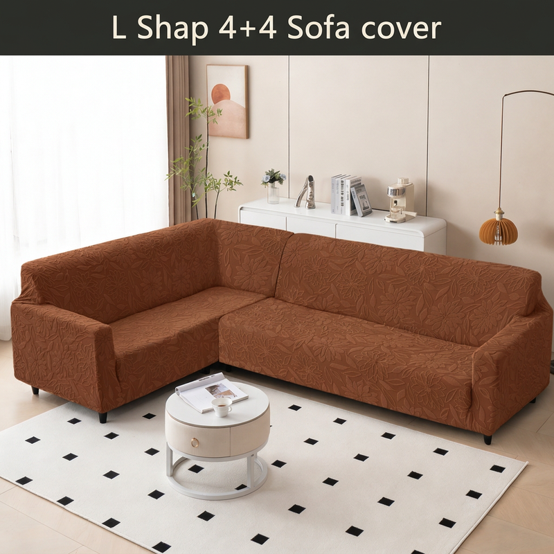 Rust brown floral L shape sofa cover with L Shap 4+4 Sofa cover text